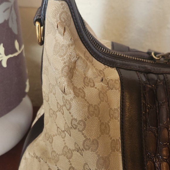Gucci Beige Canvas Brown Leather Crocodile Secret Hobo - Picture 9 of 14